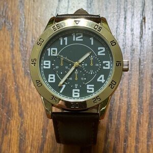 Men’s Gold Tone With Green Face Chronograph Watch Brown Band